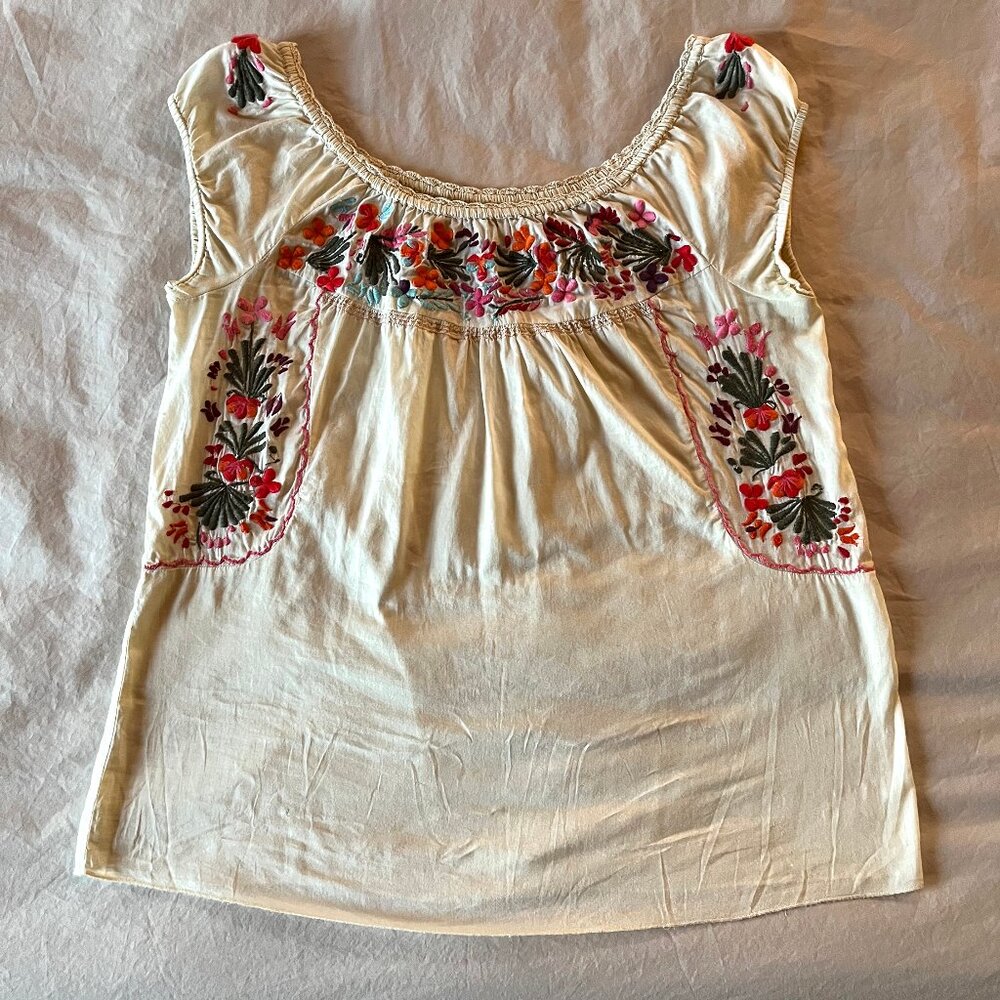 Free People Embroidered Cotton Peasant Fiesta Puebla Blouse Women's Medium